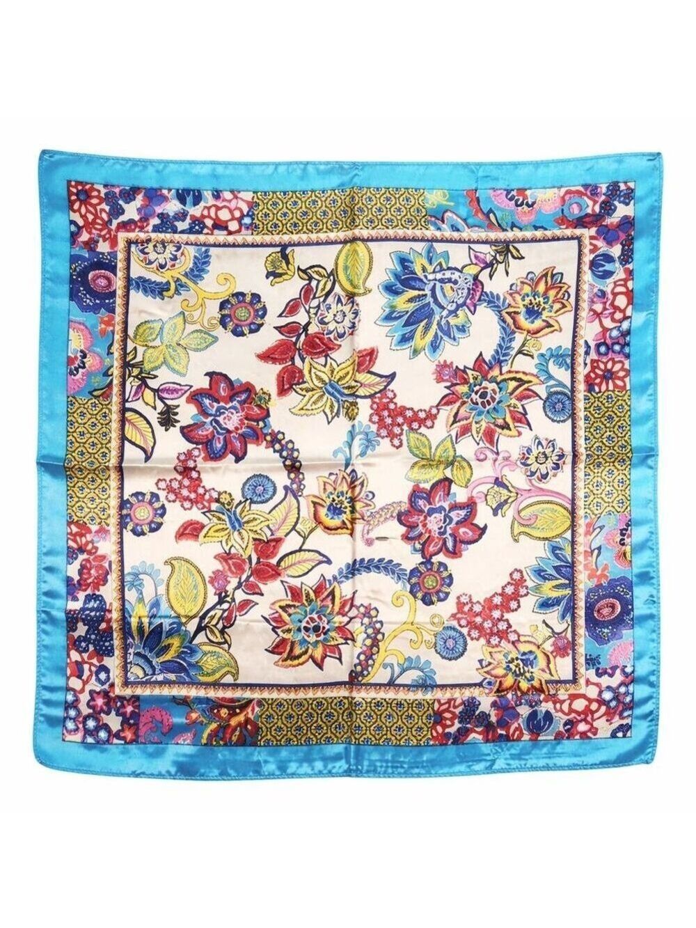 Blue Floral Satin Square Scarf 20x20 Hair Neck Head Wrap Boho